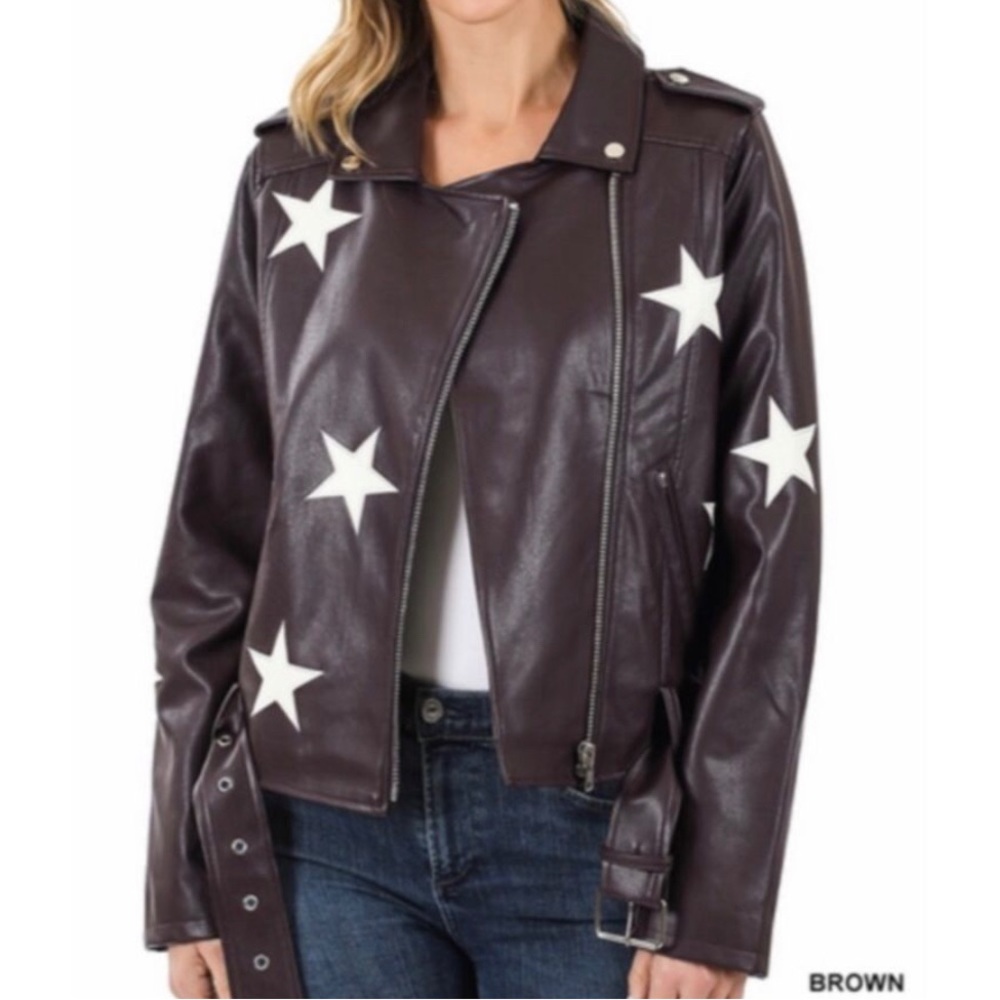 Brown Vegan Leather Moto Jacket with White Stars Size XL